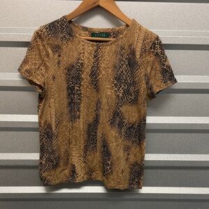 Lauren Ralph Lauren PETITES Women’s Brown Snake Print T-Shirt Size Large Grunge